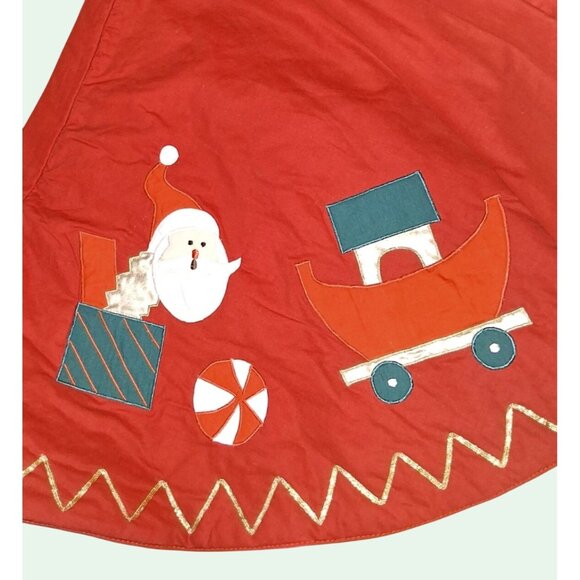 Vintage Red Christmas Tree Skirt With Appliqué Santa Bear Toys Gold Zigzag Trim - Picture 6 of 9